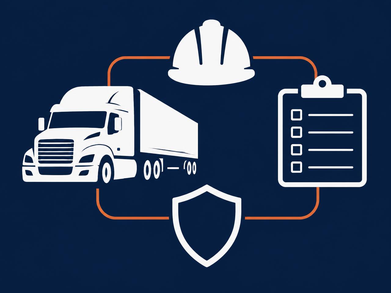 Illustration of a truck, hard hat, checklist and shield